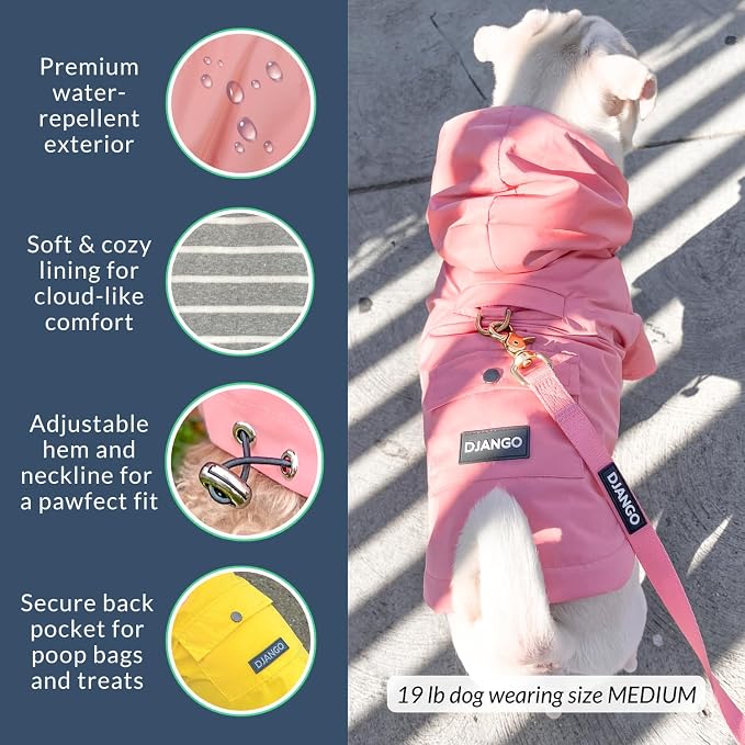 DJANGO Highland Dog Jacket & Raincoat – Water-Repellent, Lined Dog Coat with Hood, Adjustable Fit & Harness Hole – Lightweight Rain & Wind Jacket for Small & Medium Dogs up to 30 lbs (Pink, Small)