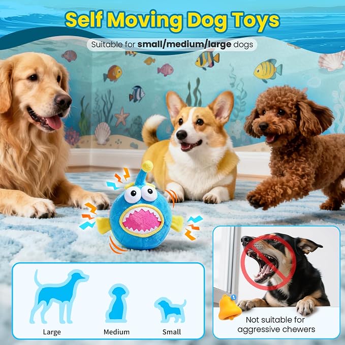 Interactive Moving Dog Toy, Automatic Bouncing Dog Toy with Rouncing Ball, Squeaky Plush Electronic Dog Toy for Small Medium Large Dogs, Vibrating Music Recording Mode to Keep Them Busy (Lanternfish)