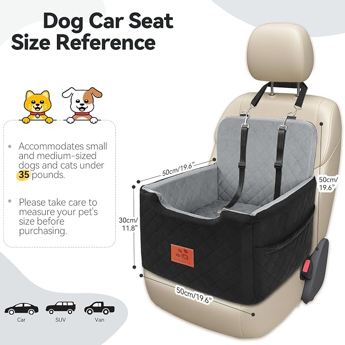 GL GLENSLAVE Dog Car Seat for Small/Medium Dogs Under 35lbs,Memory Foam Dog Booster Seats,Detachable and Washable Traval Pet Car Seat, Dogs Bed with 2 Safety Belts(Balck/Grey)