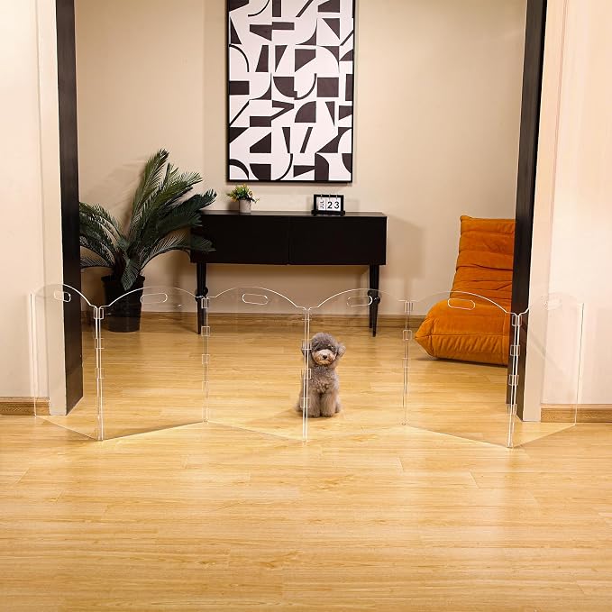 Extra-Wide Clear Acrylic Freestanding Dog Gates for the House – Folding 6-Panel Pet Gates for Doorways, Stairs, and Open Spaces, Transparent Indoor Barrier for Dogs, Puppies & Cats