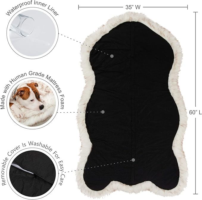 Faux Fur Orthopedic Dog Bed, Memory Foam, White w/Brown Tips 60"x35" | Plush Washable Dog Rug with Waterproof Machine Washable Cover, Calming for Anxious Senior Dogs, Relieves Joints