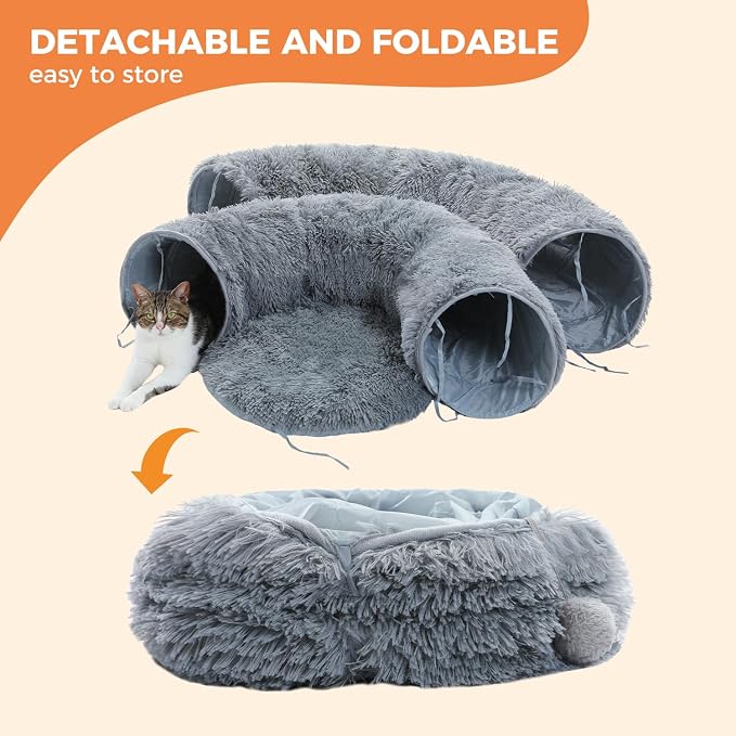 PAWZ Road Cat Tunnel Bed,Collapsible Cat Donut Tunnel with Soft Mat & Balls | 2 tunnels + soft mat form circle, with peephole & dangling balls. Plush, collapsible, Stores Easy. For small & large cats