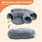 PAWZ Road Cat Tunnel Bed,Collapsible Cat Donut Tunnel with Soft Mat & Balls | 2 tunnels + soft mat form circle, with peephole & dangling balls. Plush, collapsible, Stores Easy. For small & large cats