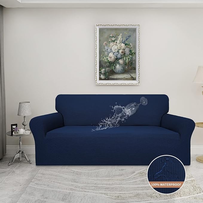 Easy-Going 100% Waterproof Couch Cover, 3 Cushion Oversized Sofa Cover | Leakproof Sofa Slipcover, Stretch Jacquard Furniture Protector Against Stain Spill from Kids, Pets, Dog, Navy