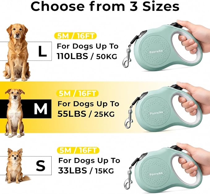 Retractable Dog Leash 16 ft Extendable Leash for Small and Medium Dogs Tangle-Free Nylon Tape One-Hand Brake Lock Walking Lead Up to 55 lbs