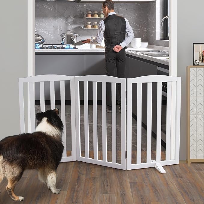 ZJSF Foldable Freestanding Indoor Dog Gate for House Wood White Long Pet Gates Dog Fence for Stairs Puppy Gates for Hallways,Pet Fence, Puppy Gate,Support Feet Included 32 "Height-3 Panels