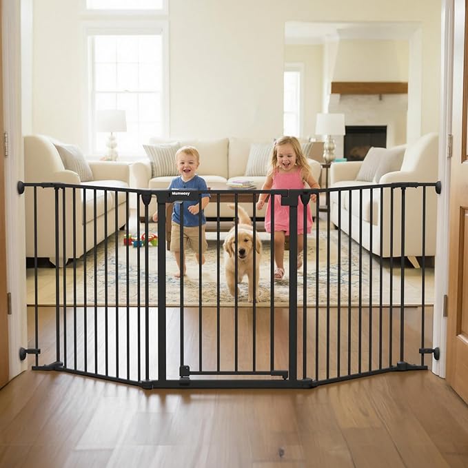 Mumeasy 80" Extra Wide Baby Gate for Doorways & Stairs, Dog Gate Indoor | Hardware Mounted Pet Gate, Auto Close Walk Thru Door, Large Child Safety Fence for Outdoor, Deck, Yard, 3 Metal Panels, Black