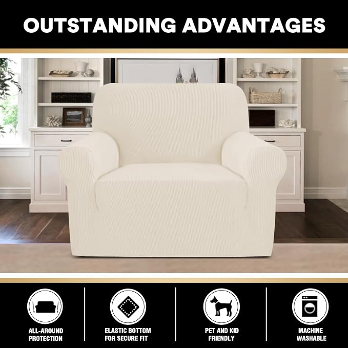 Stretch Armchair Covers for Chairs Slipcovers for Living Room Couch Covers for Chair Protectors Cover for Dogs/Pets/Kids, Feature Checks Pattern Jacquard Bouncy, Thick and Soft, Cream