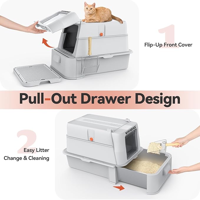 Wooaidagg Enclosed Stainless Steel Cat Litter Box with Odor Control, Modular Design with Drawer and Flip Door, Easy to Clean and Wash,Non-Stick Interior,Extra Large Size Fits All Cats(Light Grey)
