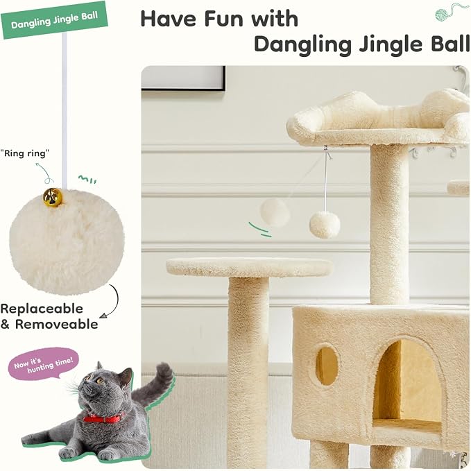 DUMOS 54 Inch Cat Tree Tower with Scratching Posts, Beige | Multi-Level Pet House for Large Cats with 2 Condos, Scratching Posts, Round Platform, Small Ladder and Toys