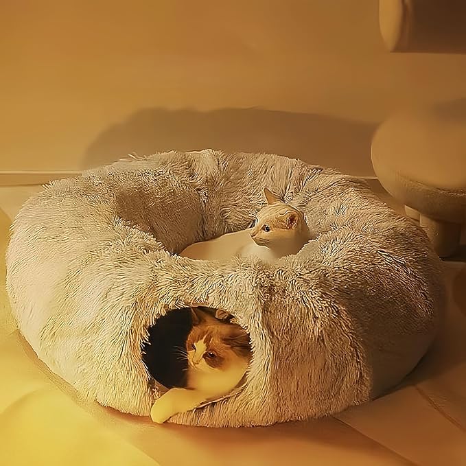 Large Cat Tunnel Bed for Indoor Cats with Hanging Pompom Toys | all-in-one donut cat bed for resting and playing, supports up to 22 lbs (33.46x33.46x11.49, Gray)