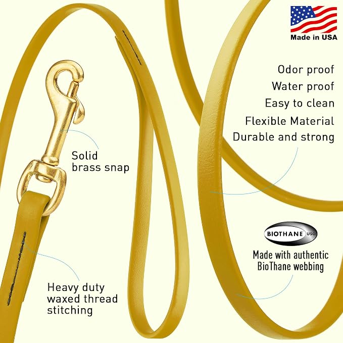 Viper Biothane K9 Working Dog Leash Waterproof Lead for Tracking Training Schutzhund Odor-Proof Long Line with Solid Brass Snap for Puppy Medium and Large Dogs, 20ft Treasure Gold