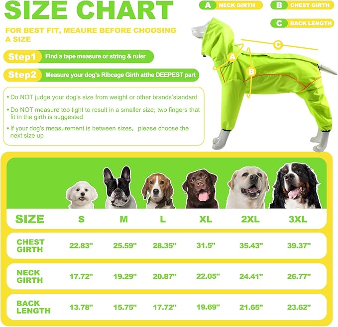 ADINIKIA Dog Raincoat, Waterproof Rain Jacket with Removable Hood,Green S | Leash Hole/ Reflective Stripe/Adjustable 4 Legs Rainsuit/Full Coverage/ Snowproof Windproof/ For Small to 3X-Large Dogs