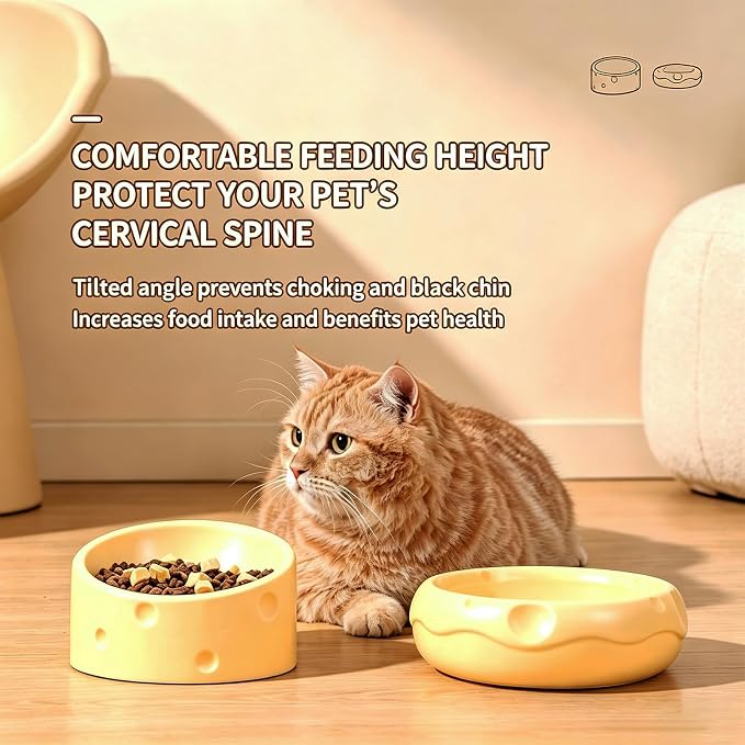6.3 Inch Ceramic Cat Bowls with Food Mat, 3D Cheese Shapes | Extra Wide Food & Water Bowls 300 ml, High Capacity for Small Dogs & Cats, Dishwasher and Microwave Safe