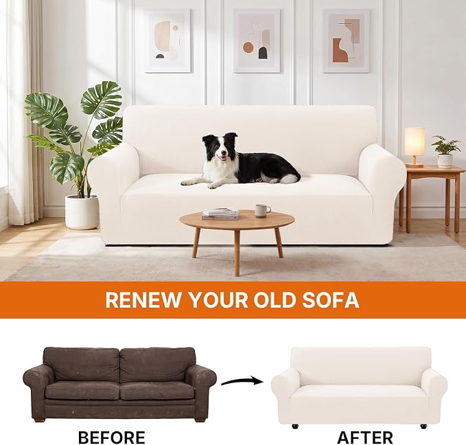 XINEAGE Stretch Armchair Slipcover, Non-Slip Pet Couch Cover,Beige White | Washable Furniture Protector, Elastic Bottom, Dogs & Cats Friendly, Scratch-resistant, Fast Setup, High Elasticity