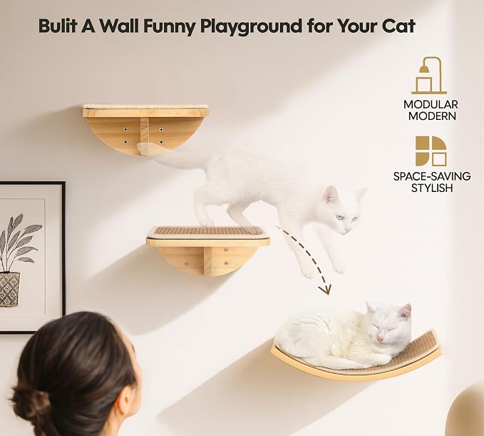 Cat Wall Shelves with Sisal Mat, Cat Wall Furniture Steps for All Breeds | Wooden Cat Wall Shelves with Sisal Mat, 2 Floating Wall Steps, Cat Wall Furniture Steps, Perfect for Climbing and Playing