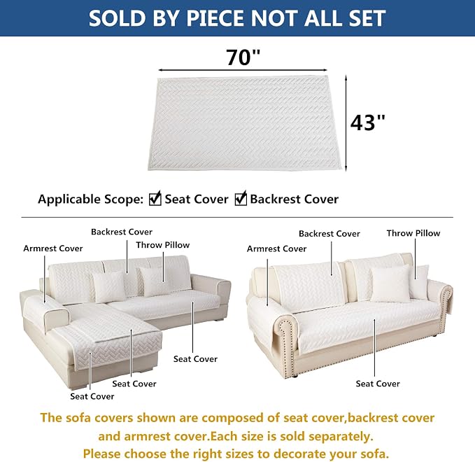 Eismodra Couch Cover,Sectional Couch Covers,Sofa Covers for 3 Cushion Couch,Anti-Slip Sofa Slipcovers for Dogs Cats Kids Loveseat Recliner L Shaped Armrest Backrest,White 43''x70''(Only 1 Piece)