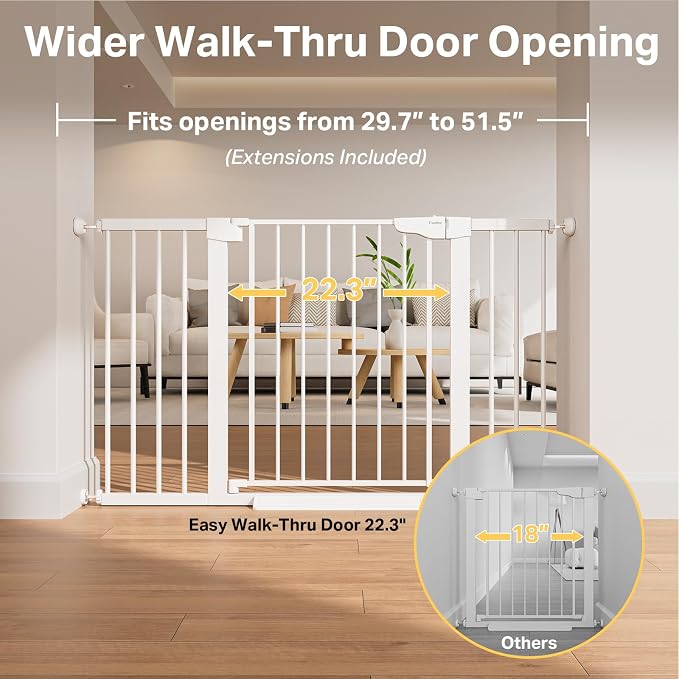 Cumbor 29.7-51.5 in Extra Wide Baby Gate for Stairs, Dog Gate Indoor White | Mom's Choice Awards Winner, Auto Close with Double Lock, One-Hand Open Child Gate for Toddlers & Pets, Pressure Mounted