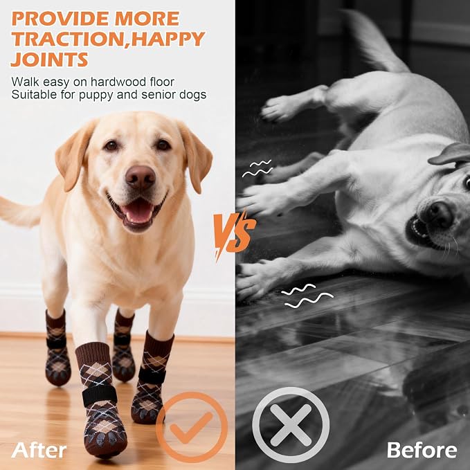 EXPAWLORER Dog Socks to Prevent Licking Paws,Anti Slip Dog Shoes for Hot Pavement,Dog Booties for Hardwood Floors,Dogs Boots & Paw Protectors for Small Medium Large Senior Dogs,British Style,Brown XL