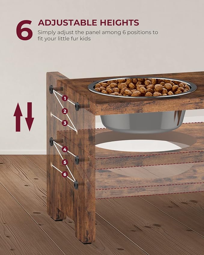 Vantic Elevated Dog Bowls, Raised Bowl Stand Adjustable Small, Rustic Brown | Particle Board Raised Feeder with 2 Stainless Steel Bowls, Adjustable Height for Small Puppies and Cats