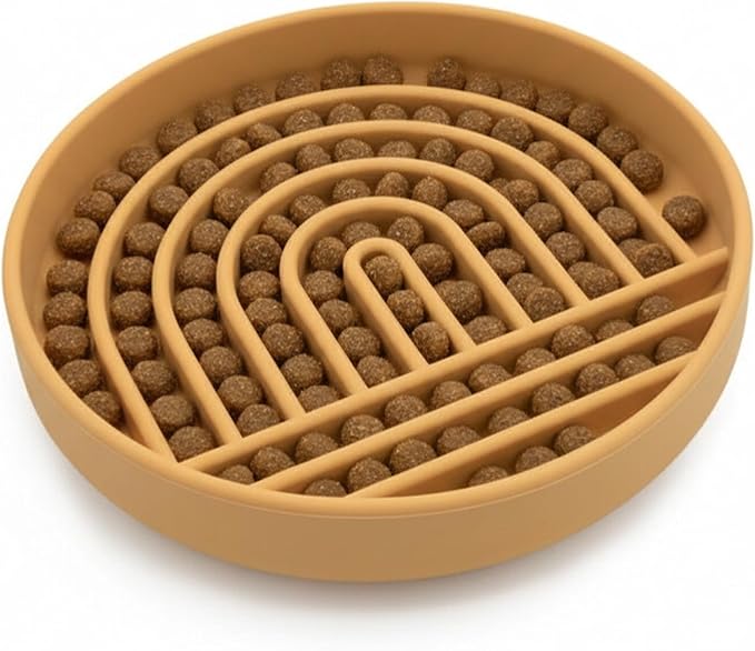 Slow Feeder Dog Bowls - Small Size Silicone Slow Eating Dog Bowl for Puppies & Dogs with Suction Cup -Dishwasher-Safe, Lick Mat Design, Reduces Gulping, for All Breeds, 6”x1.25”- Honey