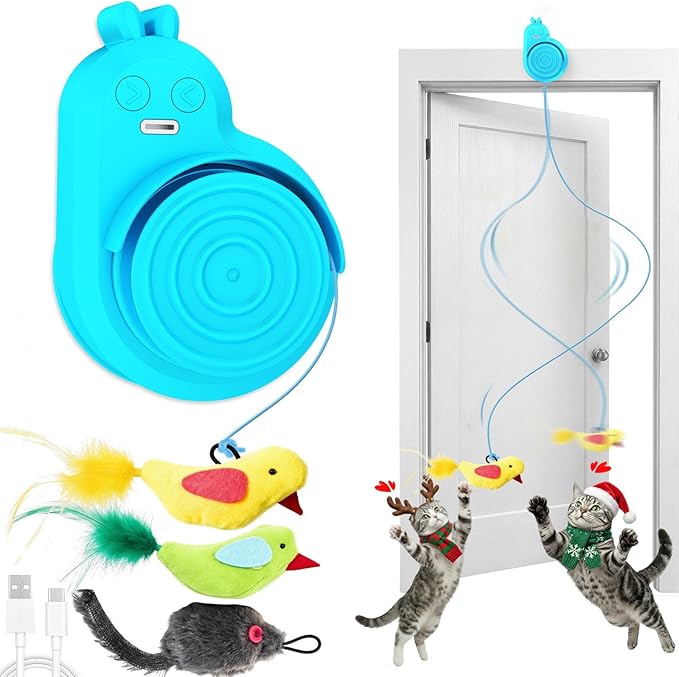 Interactive Cat Toys for Indoor Cats - Automatic Flying Bird for Enrichment | Catpick toy Hanging Feather & Mouse Wand Toy for Exercise & Self-play, Ideal for Bored Kitten&Adult Cat, Rechargeable, Blue