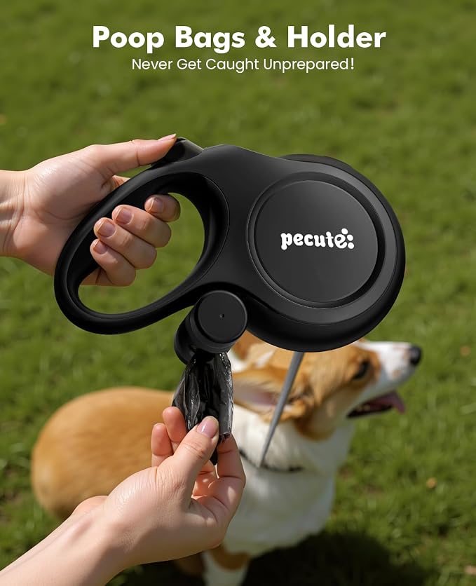Pecute Retractable Dog Leash 26ft with Chew Proof Extender for 33-110 lbs | Heavy Duty Dog Leash Retractable for Large Biter with Poop Bag Holder, Anti-Slip Grip, Reflective, 360° Tangle-free