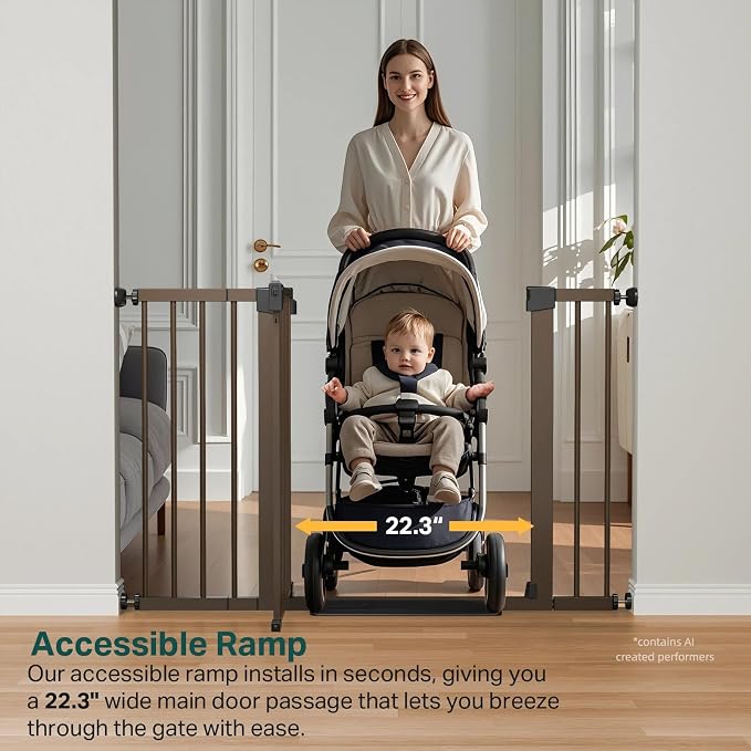 Cumbor 29.7-48" Baby Gate for Stairs, Mom's Choice Awards Winner-Dog Gate for Doorways, Auto Close Safety Pet Gate for Dogs Indoor, Easy Install Pressure Mounted Child Gate with Walk Thru Door, Brown