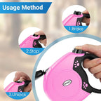360°No Tangle 26 Ft Retractable Dog Leash for Dogs up to 99lbs | Heavy Duty Pet Walking Leash for Small Medium Large Dogs, Anti-Slip Handle, Strong Nylon Tape, One-Handed Brake, Pink