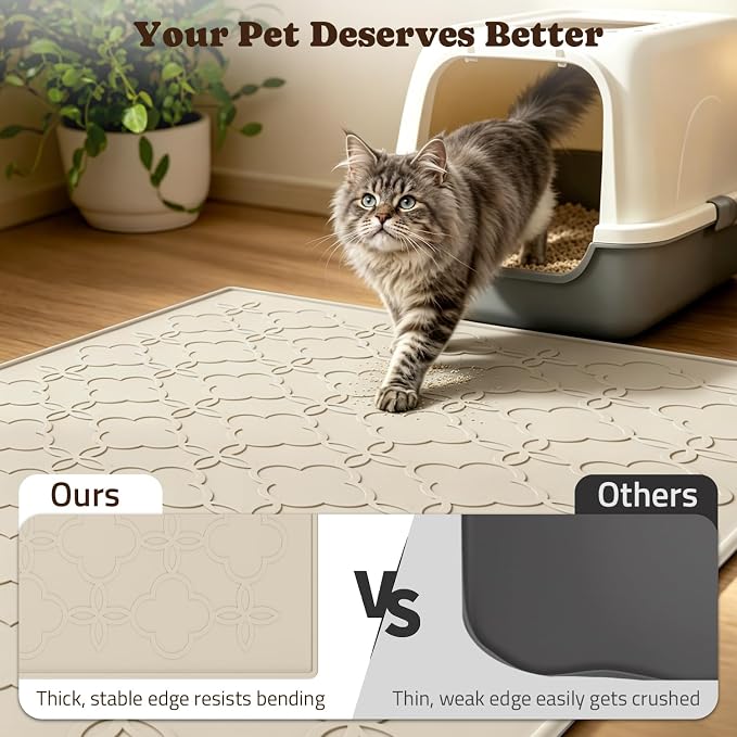 Pawtners Cat Litter Mat Extra Large 42" X 30", Easy to Clean, Beige, 2 Pack | Non-Slip Kitty Litter Mat for Floor, Waterproof & Urine-Proof Cat Litter Mat Litter Trapping Mat, Soft on Kitty Paws