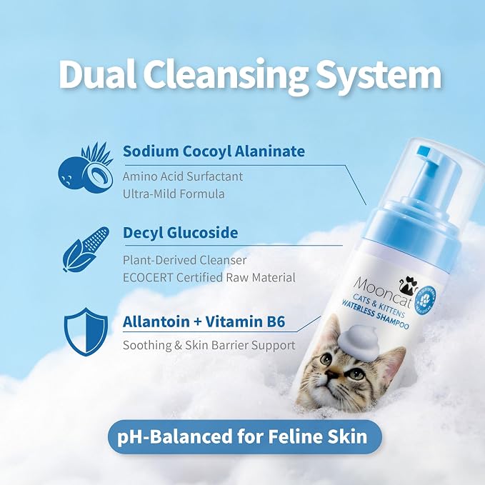 Mooncat Waterless Cat Shampoo + 2-in-1 Cat Bath Brush Set, No Rinse Dry Foam Bath for Short Hair Cats & Kittens, SGS-Tested Lick-Safe, Veterinarian Approved & pH-Balanced, Brush, 5 oz | Waterless shampoo spray, Deodorizes & removes dander, Dual-sided s...