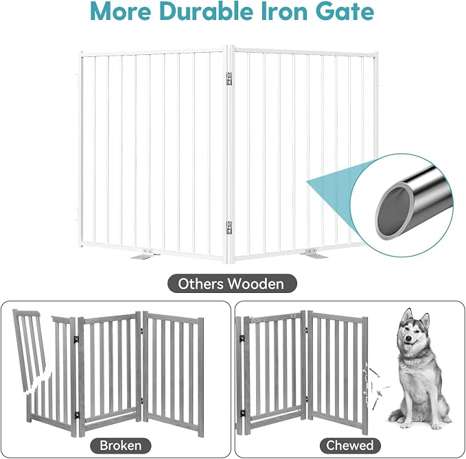 No Pawblems Full Metal Freestanding Dog Gate with Door, 30" Tall | Foldable Pet & Dog Fence for Stairs/Deck/Doorways, Indoor/Outdoor, Freestanding & Wall Mount, 78" Wide, 3 Panels, White