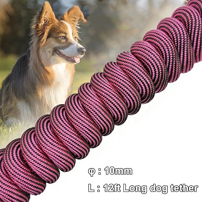 BTINESFUL 8ft 12ft 20ft 30ft 50ft 75ft Dog Tie Out Long Tether Rope Leash, Outdoor Dog Lead for Yard, Large Medium Dogs Training, Playing, Camping, Backyard (Pink Black, 12 Foot)