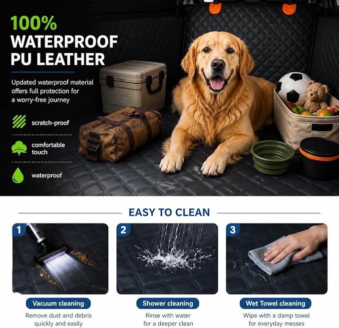 SUV Cargo Liner for Dogs,Waterproof Dog Trunk Cover with Side Flaps | Material: Waterproof PU Leather | Protection: 12.60" Side Flaps & 17.72" Bumper Flap | Fit: Most SUVs | Non-Slip Design
