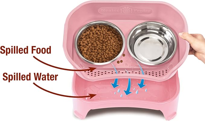 Neater Feeder - Express Model w/Slow Feed Bowl - Mess-Proof Dog Bowls (M/L, Pink) Made in USA – Elevated, No Spill, Non-Tip, Non-Slip, Raised Stainless Steel Food/Water Pet Bowls Aid Digestion
