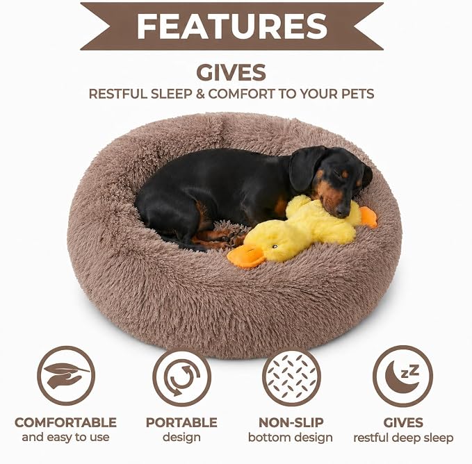 Whiskers & Friends Pet Beds for Small Dogs, Fluffy Orthopedic, Washable | Puppy Calming Beds, Small Dog Bed for Crate, Round Plush Donut Bed for Pets Under 25 Pounds