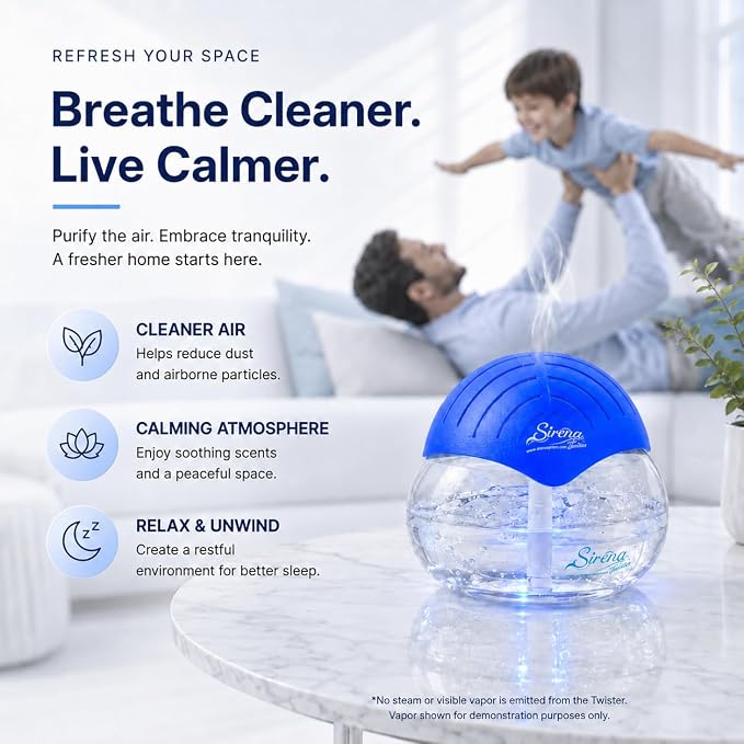 Sirena Twister Air Purifier (Blue) - Water Filter Air Washer For Home and Office - Essential Oil Aroma Diffuser With LED Night light - Small Air Cleaner For Smoke and Pets