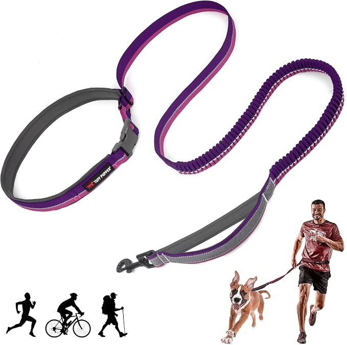 Tuff Pupper Hands Free Bungee Dog Leash | Lightweight for Running Jogging Walking | Adjustable Padded Waist Belt (24-50 inch) | Bungee Stretch 3 to 6 Feet | Strong Ballistic Nylon w/Reflective Strips