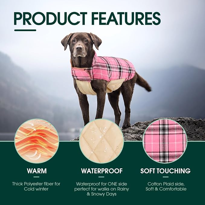 Kuoser Warm Dog Coat, Waterproof Dog Jacket for Extra Large Dogs, Pink 2XL | Adjustable Durable XXL Doggie Winter Coat Reversible Puppy Cold Weather Apparel from Small to Large Breed