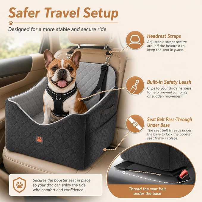 Dog Car Seats for Small/Medium Dogs, Puppy Car Seat with Side Opening, Thick Cushion, Detachable Washable Dog Carseat with Storage Pockets for Dogs Up to 35lbs (Grey)