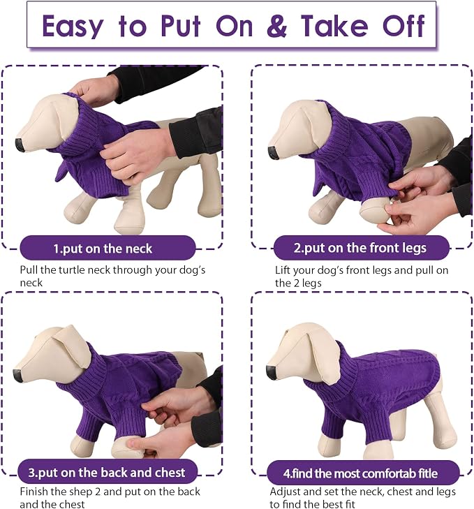 Queenmore Small Dog Pullover Sweater, Cold Weather Cable Knitwear, Classic Turtleneck Thick Warm Clothes for Chihuahua, Bulldog, Dachshund, Pug (Purple, Medium)