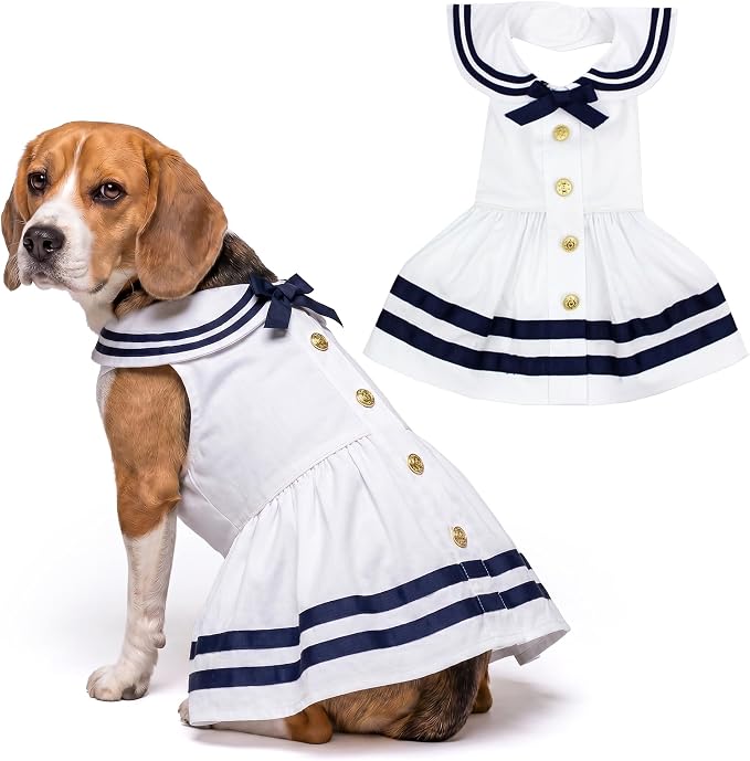Parisian Pet Sailor Dog Dress - 100% Cotton Summer Clothes for Large Dogs Girl - Nautical Pet Apparel - Stylish Dog Outfit - Lightweight and Breathable Puppy Clothes - Cute Dresses for Dogs