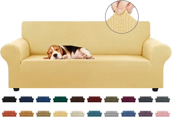 Stretch Couch Covers for Sofa, 3 Cushion Couch Slipcover,Champagne | 1-Piece Washable Sofa Cover Pet Friendly(78"-94") Furniture Protector Soft Jacquard, Elastic Bottom for Dogs & Kids