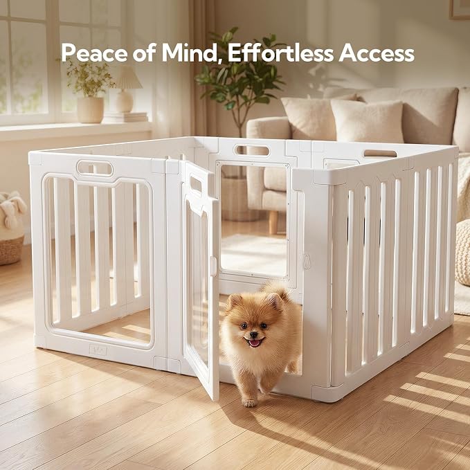 Soulbond Clear Acrylic Dog Playpen Indoor, 24 Inch, White, 8 Panels | Non-Slip,Tool-Free Assembly, External Door Lock Play Pen for Puppies and Small Dogs