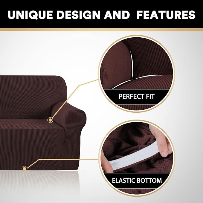 Stretch Sofa Cover Slipcover Couch Covers for 3 Cushion Couch Furniture Protector Sofa Covers with Non Slip Elastic Bottom Dogs Pet Friendly Fitted(Large Sofa 90"-100",Brown)