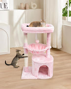 SYANDLVY Pink Cat Tree for Indoor Cats, Modern Tower with Scratching Post | Modern Cat House with Padded Perch, Kittens Condo with Cradle, Cat Cave, Pink