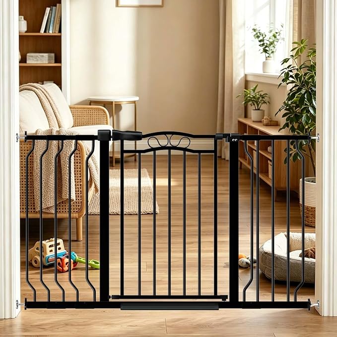 Fairy Baby 29.5"-53.1" Extra Wide Baby Gate for Doorways, No Drill Baby Gate for Stairs Hallway, Pressure Mounted Safety Child Gate Pet Barrier, Walk Thru Auto Close Metal Dog Gate Indoor, Black