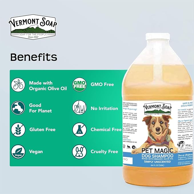 VERMONT SOAP Organic Pet Shampoo, Unscented Natural Dog Shampoo, 64 oz | Unscented organic olive oil, coconut & aloe vera, sensitive skin care, USDA Certified grooming, fragrance free, dog shampoo