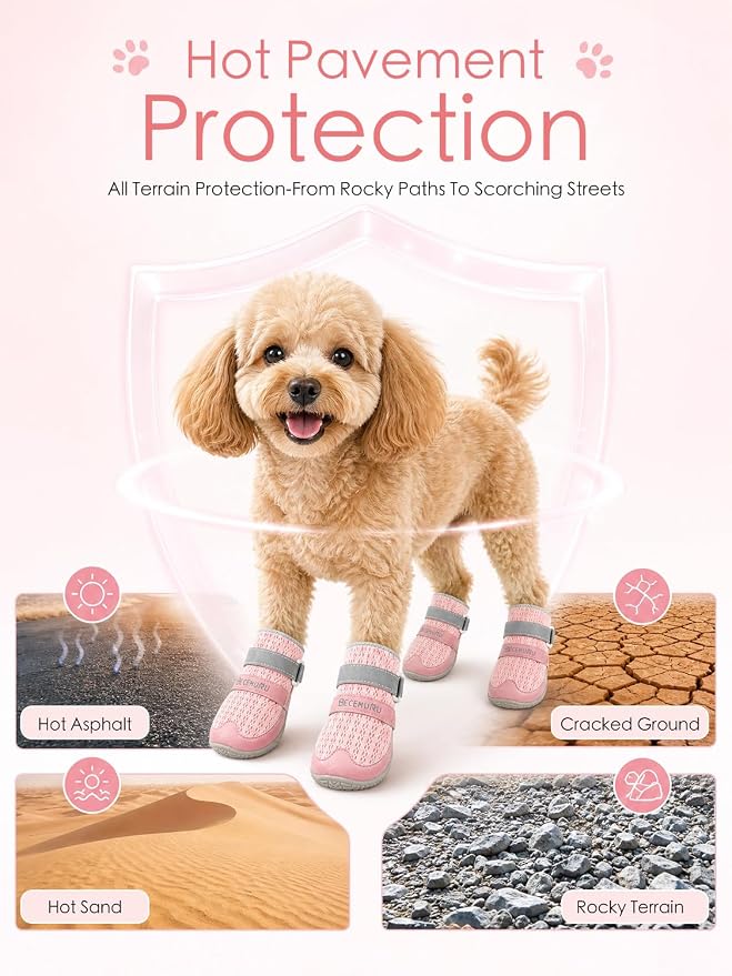 BECEMURU Dog Shoes for Summer, Double-Straps Anti-Slip Dog Boots & Paw Protectors for Hot Pavement, Breathable & Light Weight Outdoor Walking Hiking Pink Size 8