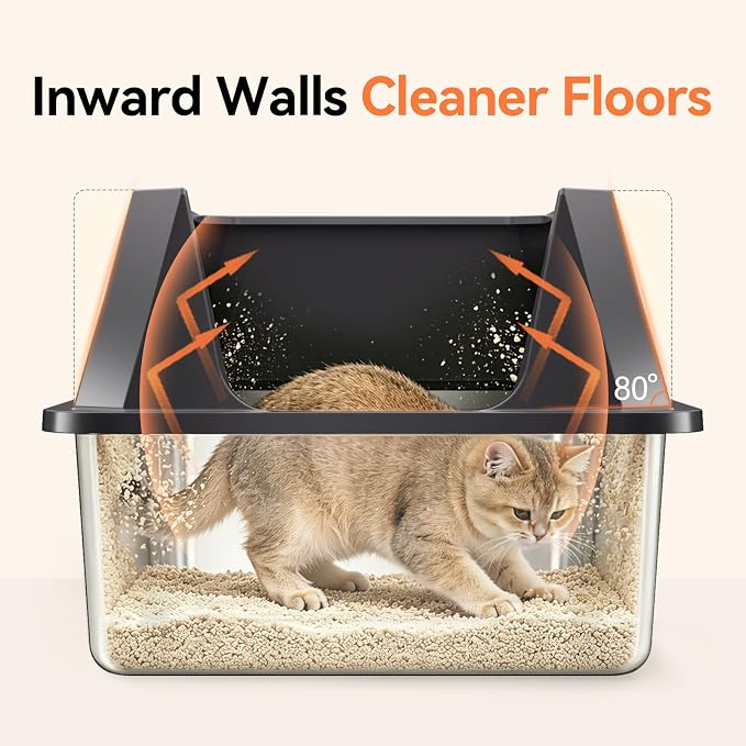 Stainless Steel Litter Box with High Sides, XL | High Sided Cat Litter Pan, Open Top Extra Large Metal Cat Litter Box, Non-Stick, Odor Free, Leakproof, Scoop Included, Gray